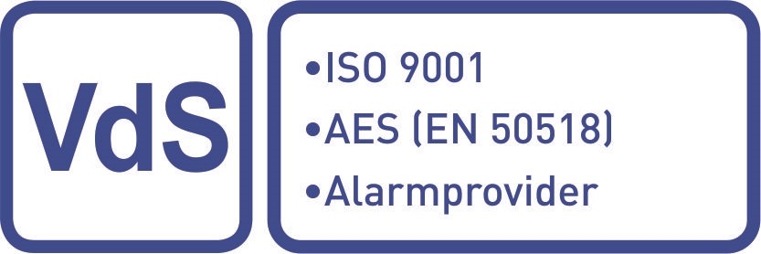 EZS_VdS_ISO+AES50518+AP_ Anerkannt als Alarmprovider (AP gem. VdS 3138), Alarmempfangsstelle (AES gem. DIN EN 50518) und nach ISO 9001